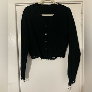 Black open cardigan cropped long sleeve distressed sweater size small